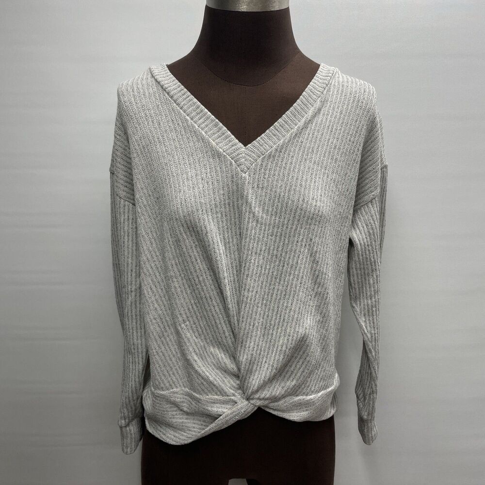 LUSH Women's Medium Gray V-Neck Sweater Knotted Front Accent
